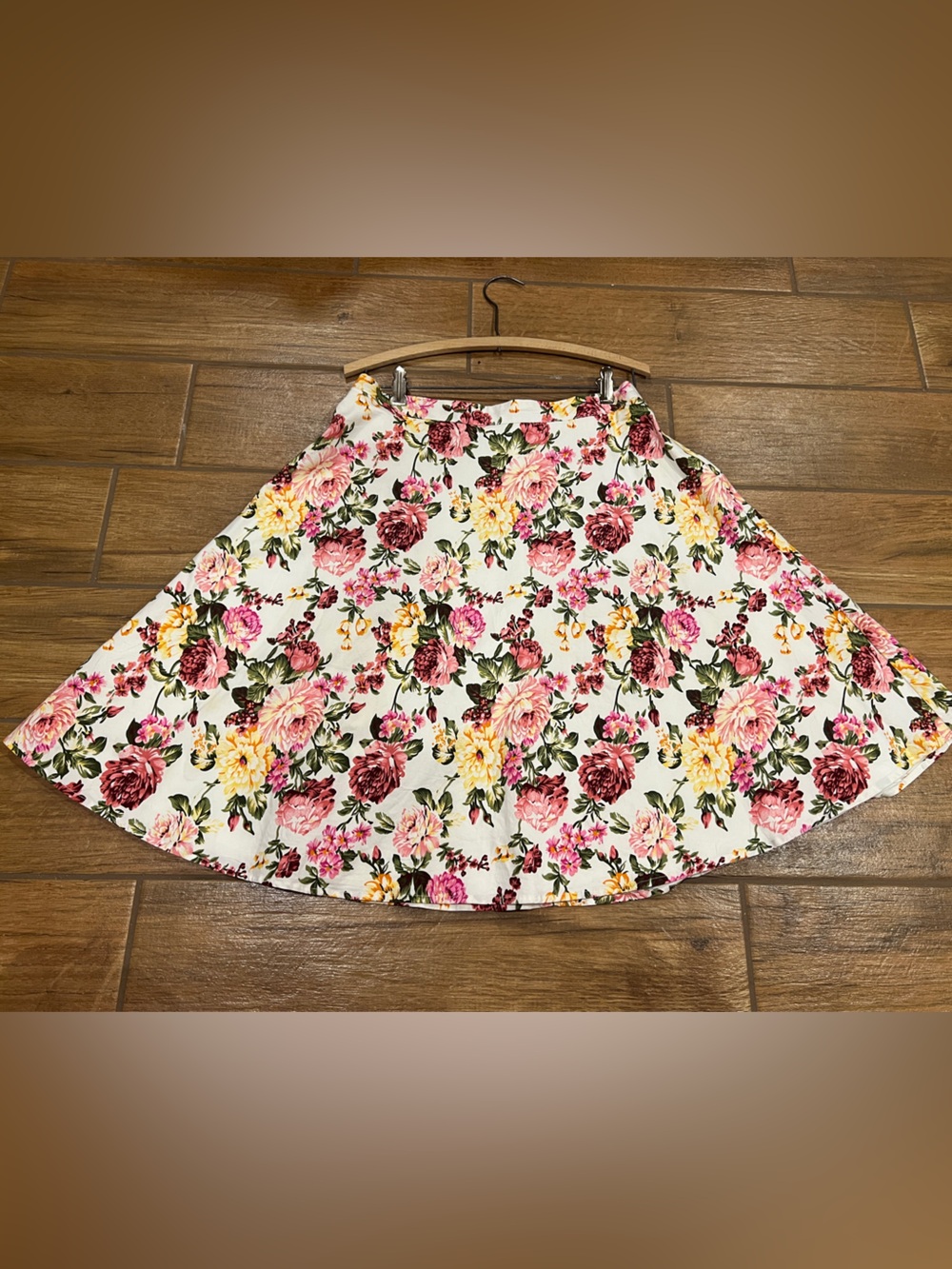 100% Cotton Floral A-Line Swing Skirt Pink Green Yellow Size Large Lined